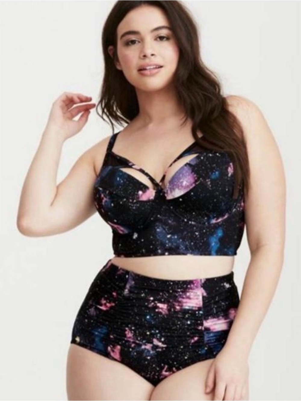 Galaxy Print Longline Bra & High-Waist Brief Set - Black/Purple